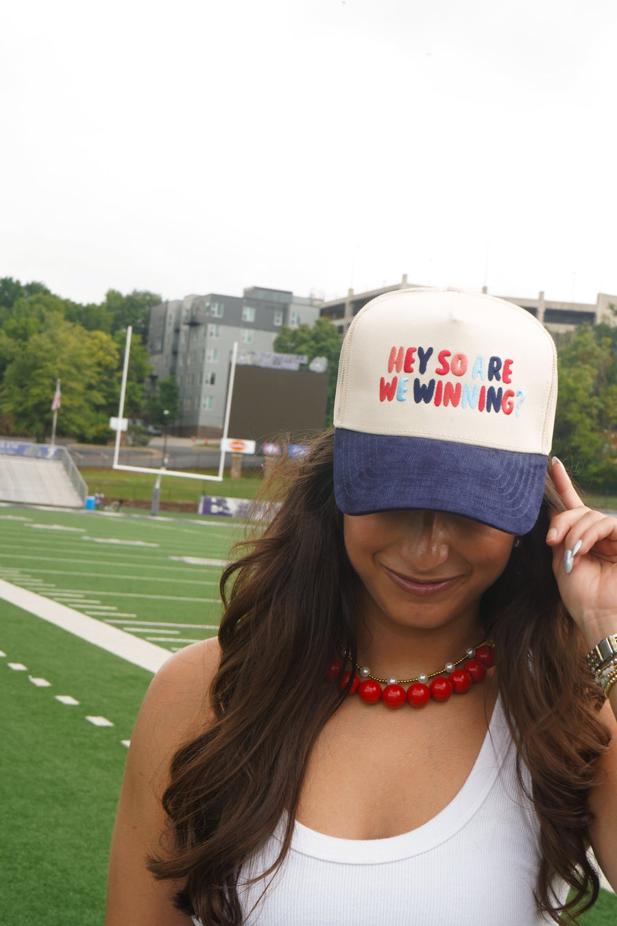 Hey So Are We Winning - Navy Corduroy Trucker Hat KenzKustomz