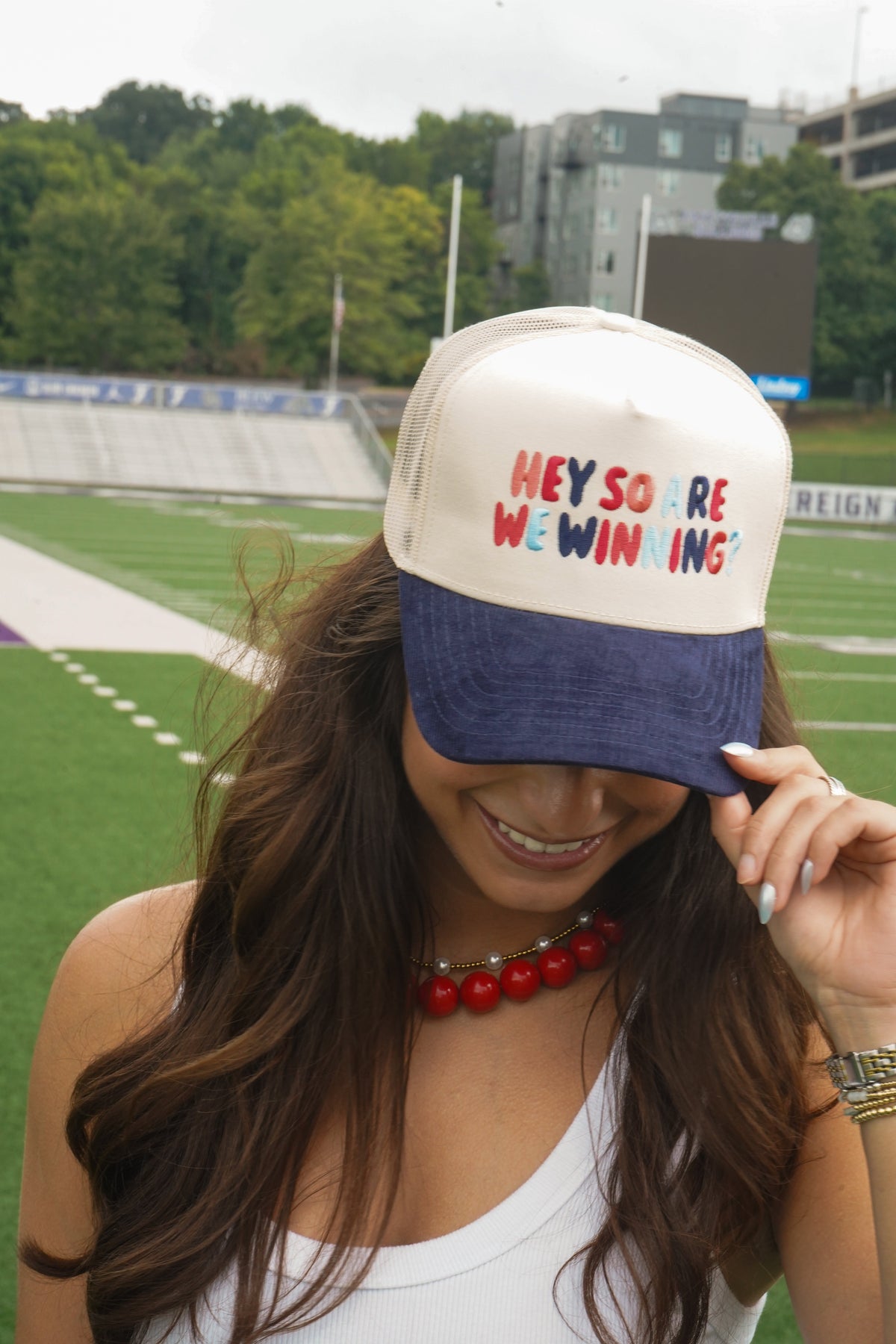 Hey So Are We Winning - Navy Corduroy Trucker Hat KenzKustomz