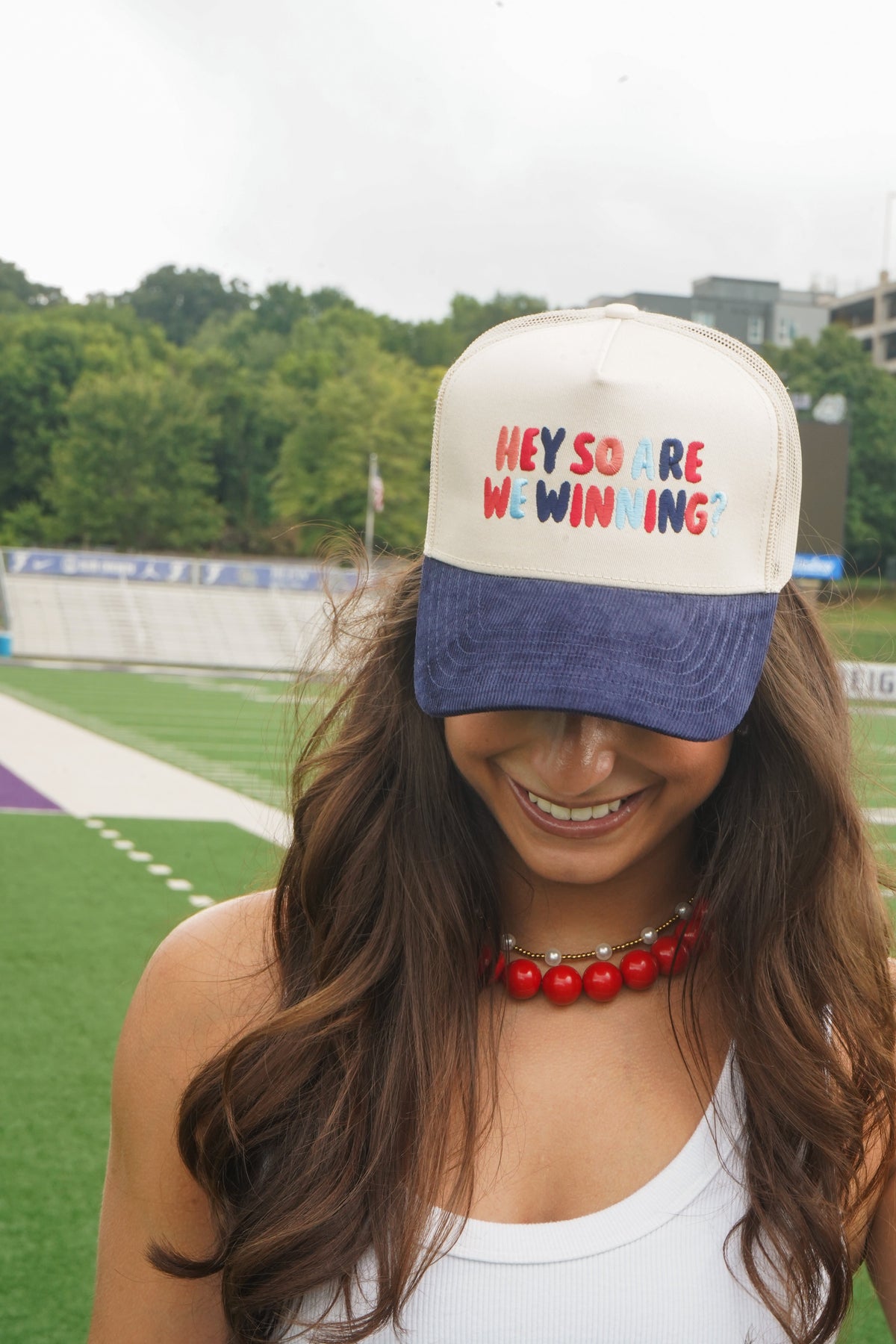 Hey So Are We Winning - Navy Corduroy Trucker Hat KenzKustomz
