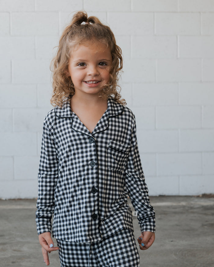 Girl's Bamboo Button Up Lounge Set | Black Gingham forever french baby