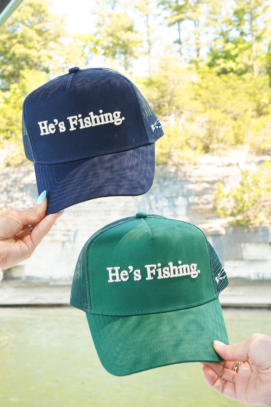 He's Fishing Trucker Hat KenzKustomz