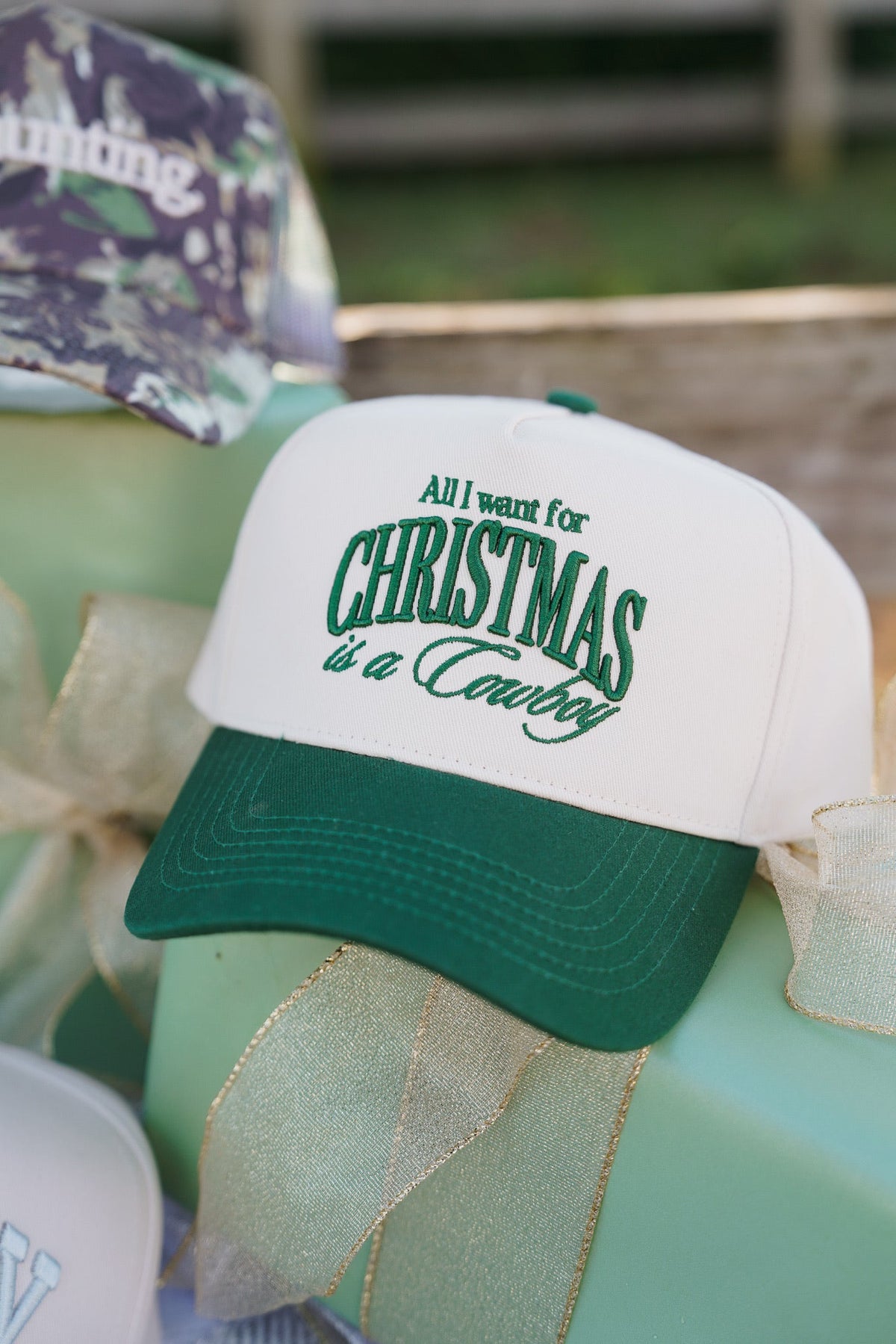 All I want for Christmas is a Cowboy - Green Vintage Trucker Hat KenzKustomz