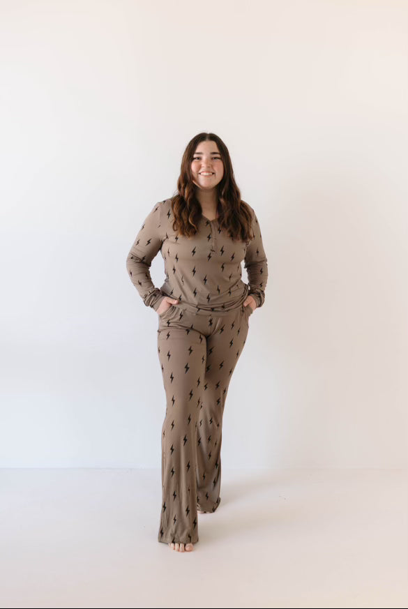 Women's Long Sleeve Bamboo Pajama | Brown & Black Lightning Bolt forever french baby