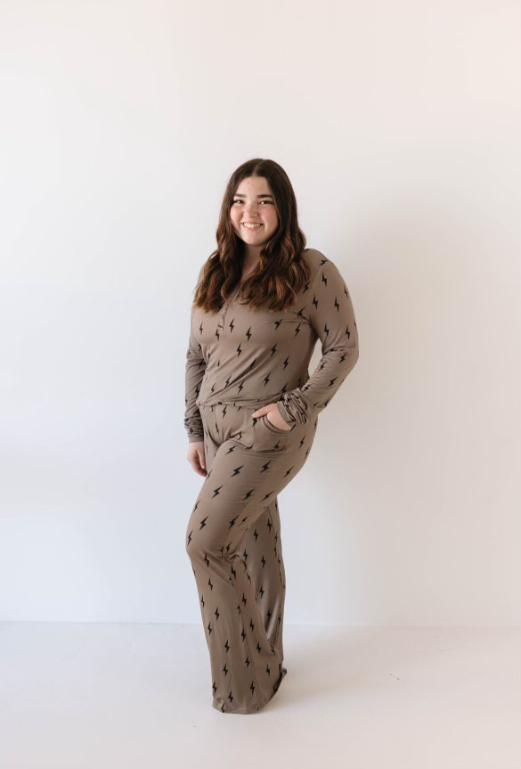 Women's Long Sleeve Bamboo Pajama | Brown & Black Lightning Bolt forever french baby