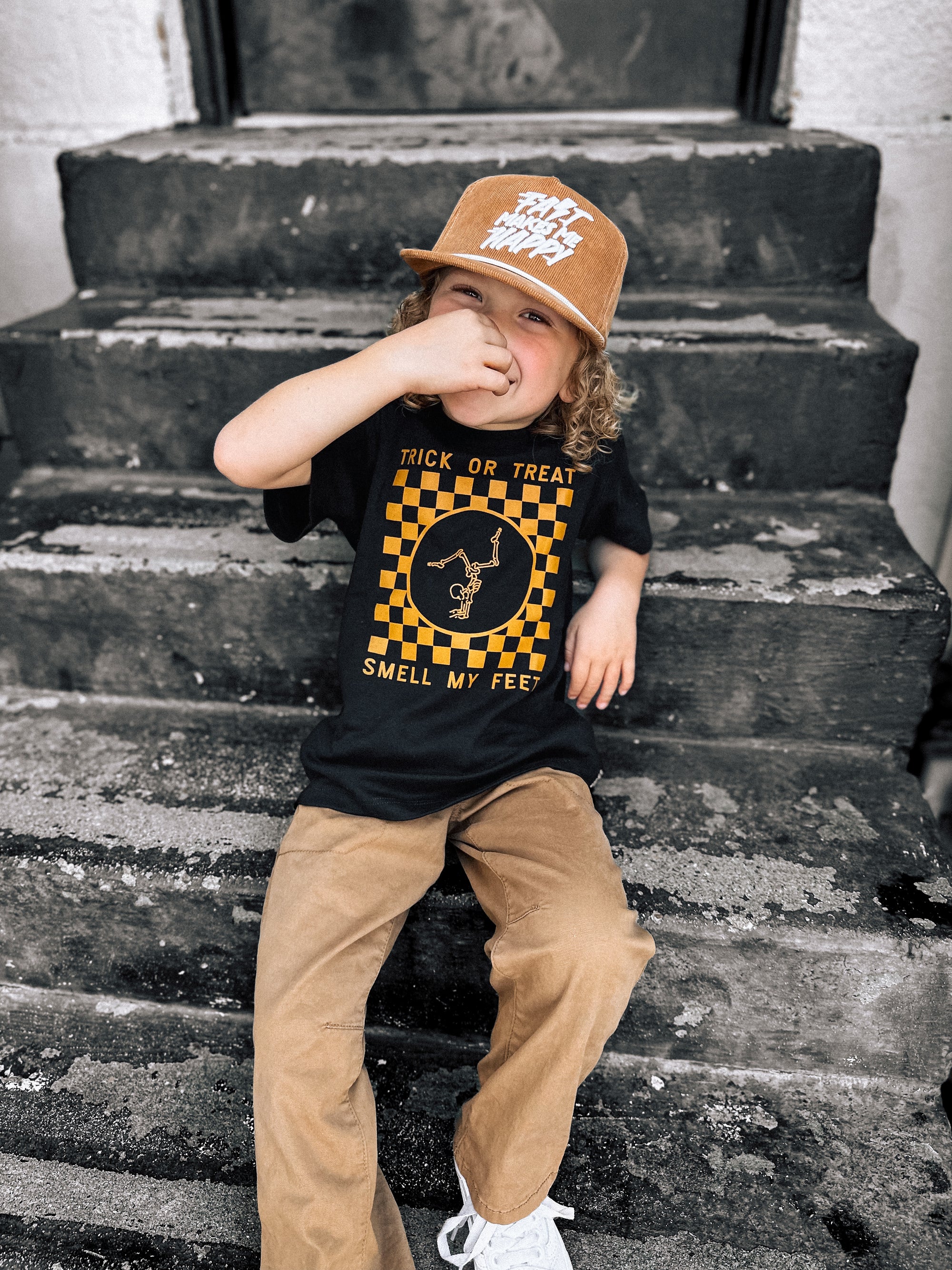 Trick or Treat, Smell My Feet Checkered Kids Tee Saved by Grace Co.