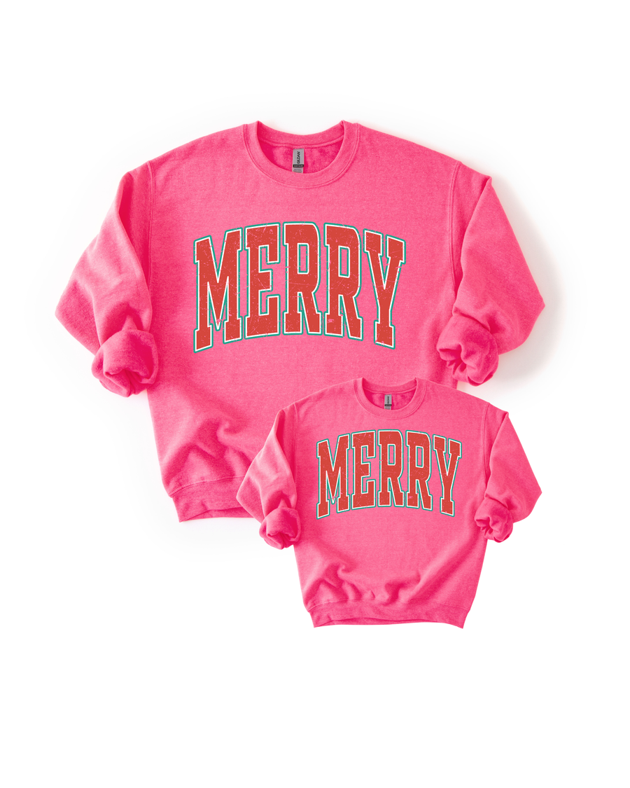 Neon Pink MERRY Varsity Mama + Me Sweatshirt SBG Co.