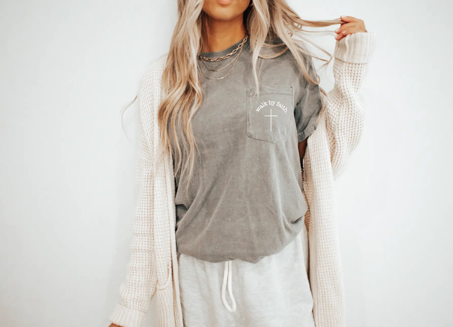 Walk by Faith Pocket Tee Saved by Grace Co.