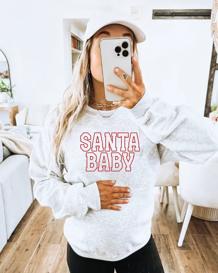 Santa Baby Varsity Maternity Sweatshirt Saved by Grace Co.