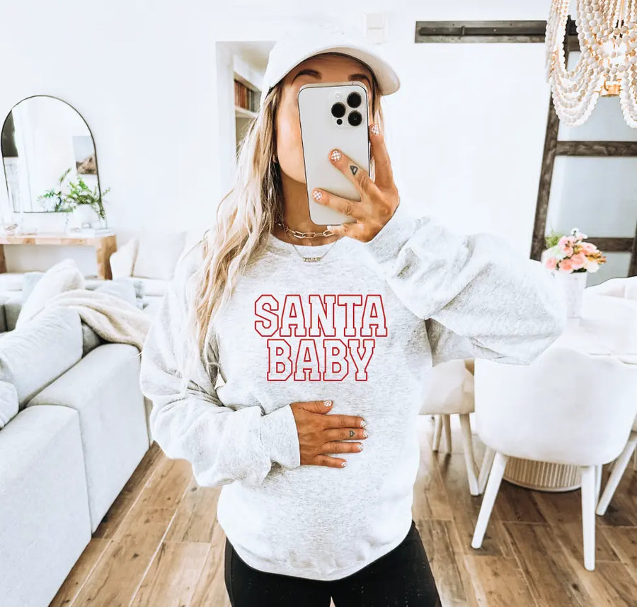 Santa Baby Varsity Maternity Sweatshirt Saved by Grace Co.