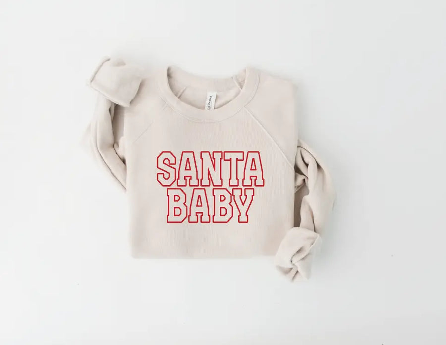Santa Baby Varsity Maternity Sweatshirt Saved by Grace Co.