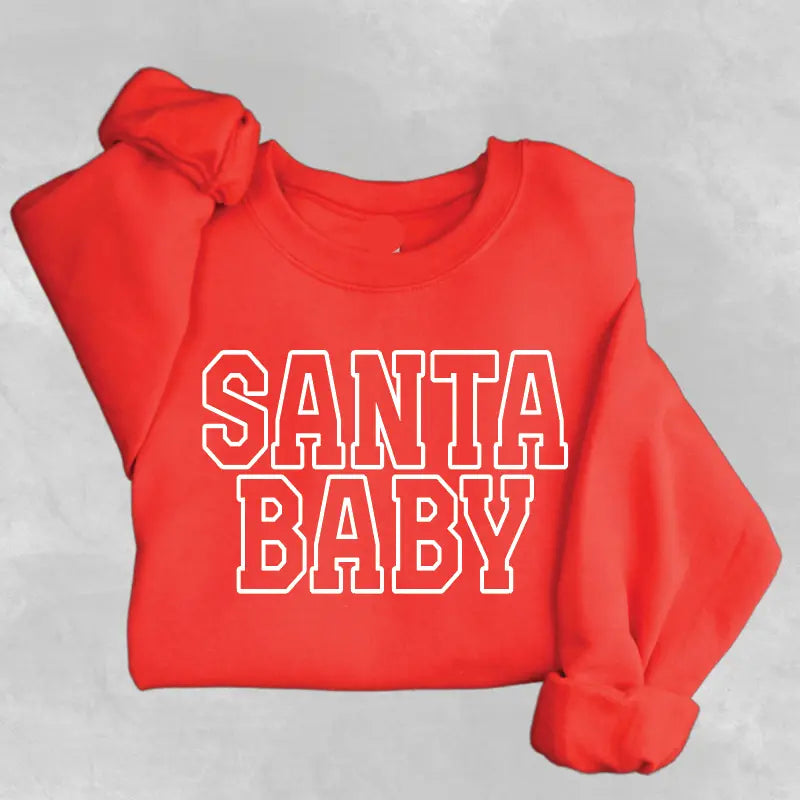 Santa Baby Varsity Maternity Sweatshirt Saved by Grace Co.