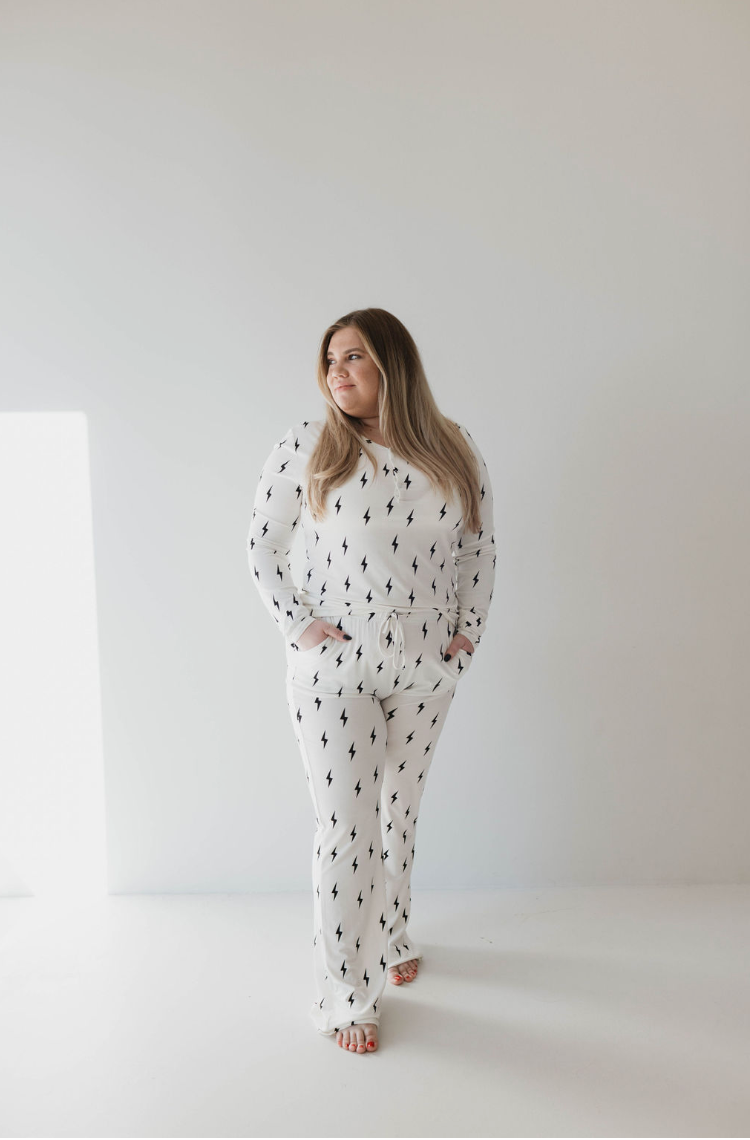 Women's Long Sleeve Bamboo Pajama | White & Black Lightning Bolt forever french baby