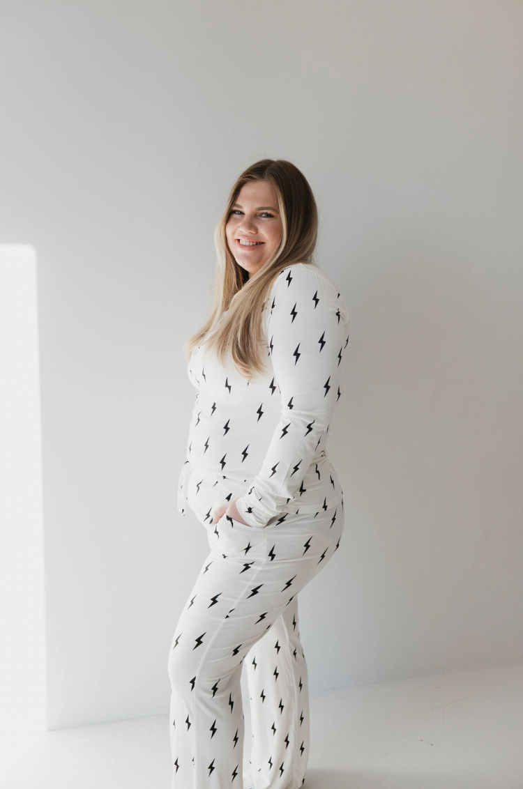 Women's Long Sleeve Bamboo Pajama | White & Black Lightning Bolt forever french baby