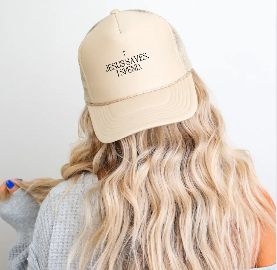 Jesus Saves, I Spend Trucker Hat Saved by Grace Co.