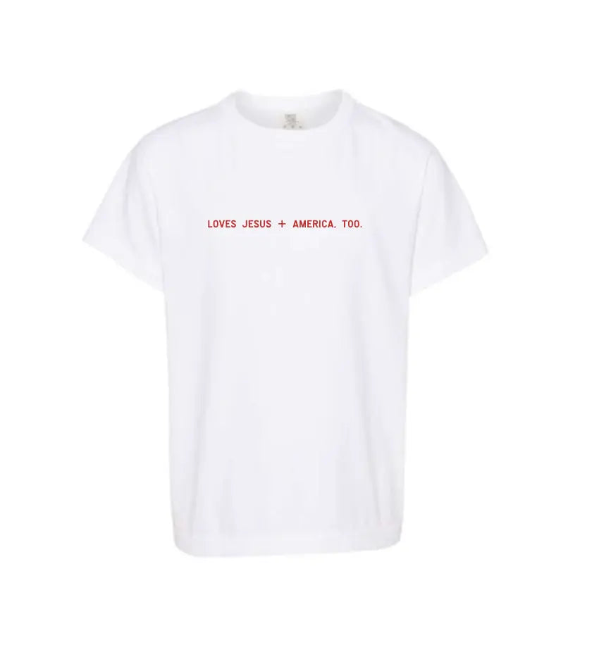 Loves Jesus + America, Too. Kids/Youth Tee Saved by Grace Co.