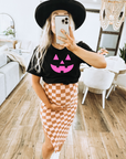 Neon Pink Jack-o-Lantern on Black - See Matching Mini!