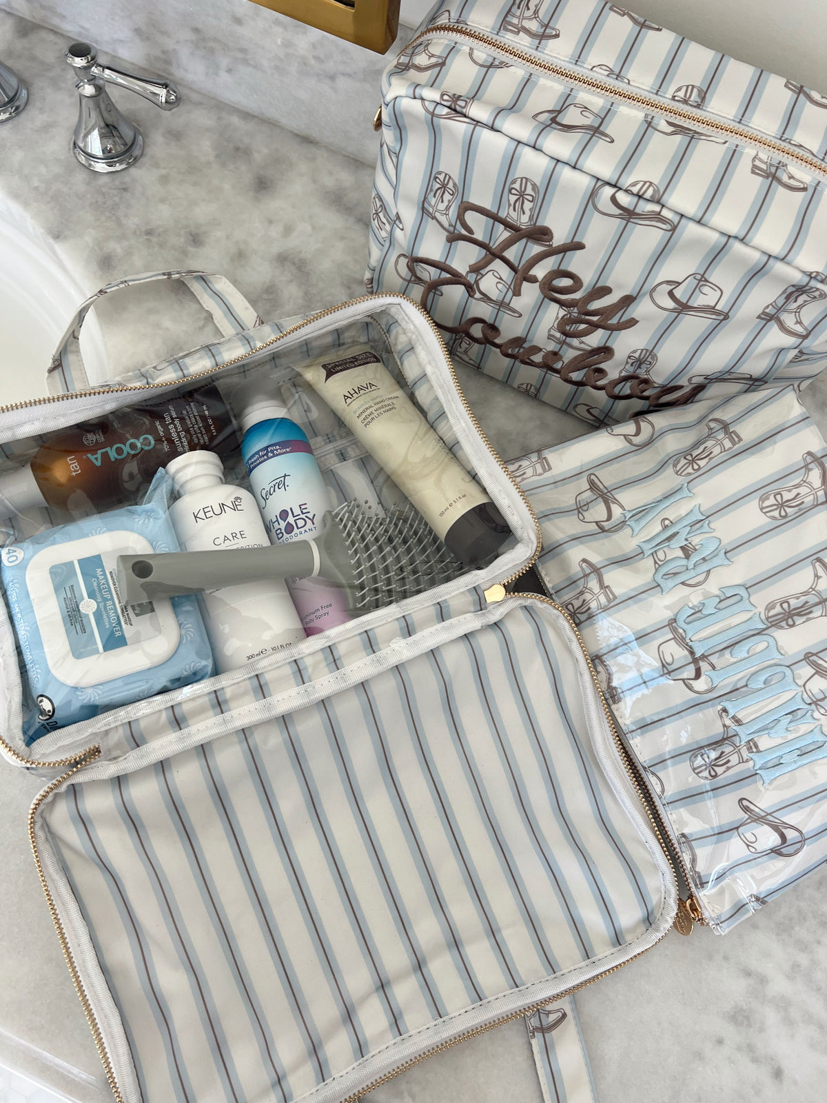 Western Blues Striped - Clear Coat Toiletry Case KenzKustomz