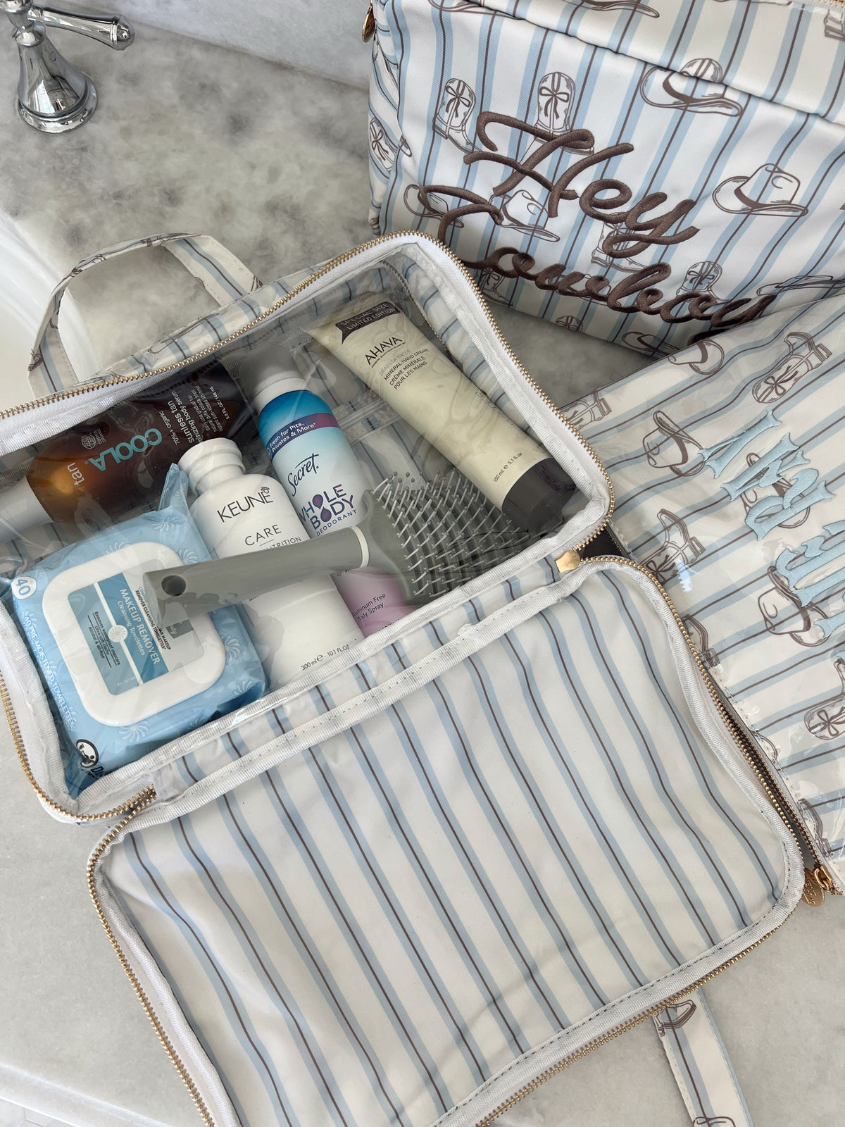 Western Blues Striped - Clear Coat Toiletry Case KenzKustomz