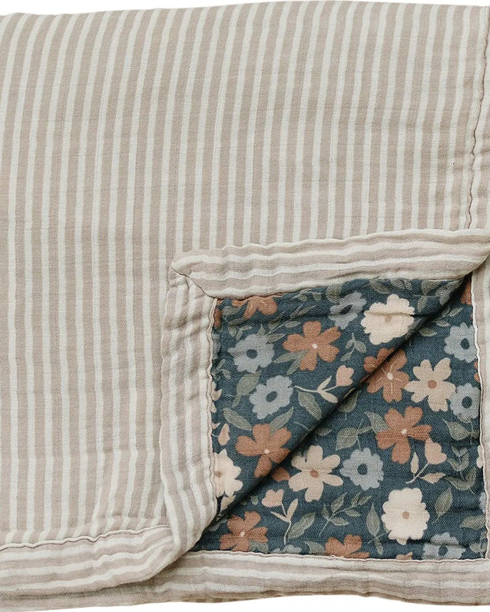 Taupe Stripe + Midnight Floral Muslin Quilt Mebie Baby