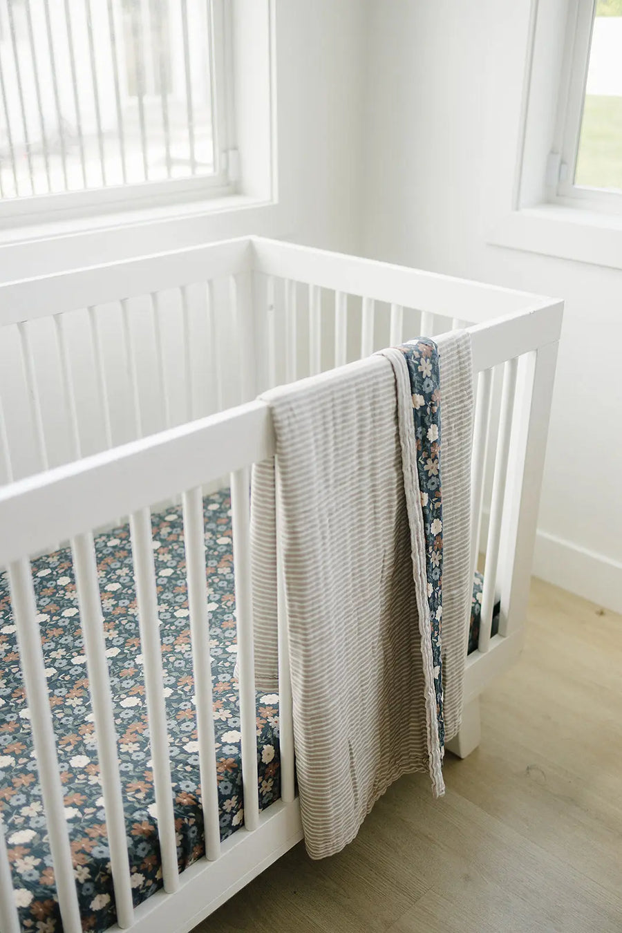 Taupe Stripe + Midnight Floral Muslin Quilt Mebie Baby