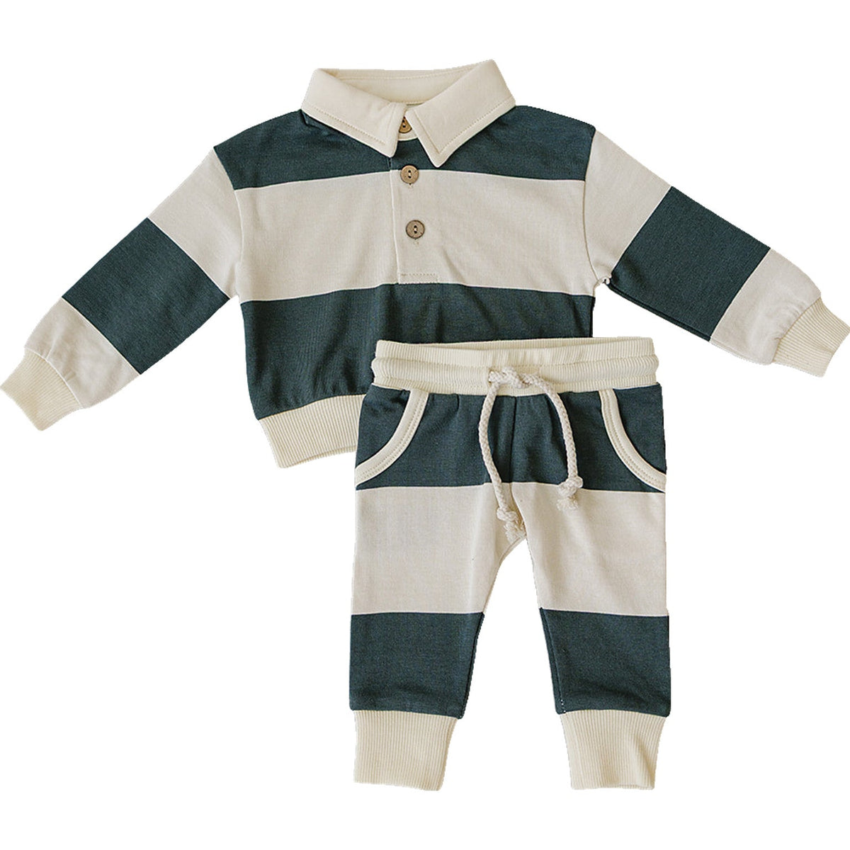 Green Stripe Collared French Terry Set Mebie Baby