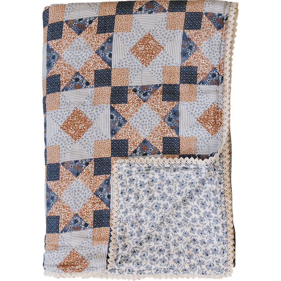Patchwork Print + Blue Blossom Lace Twin Muslin Quilt Mebie Baby