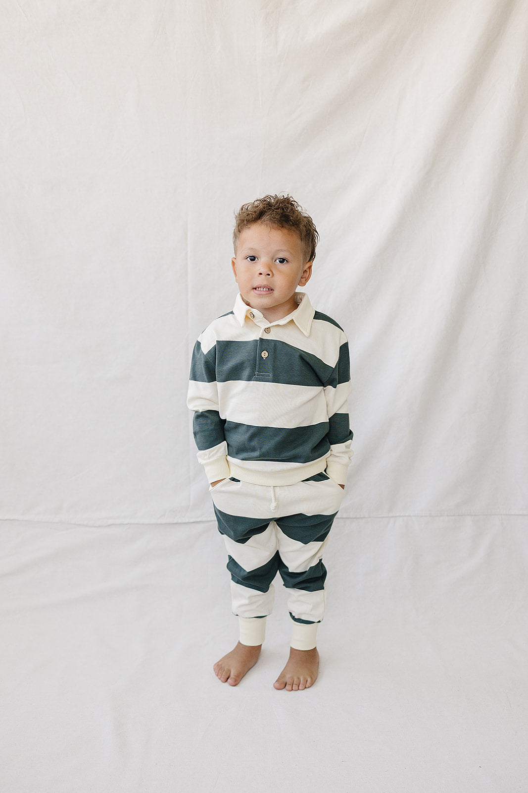 Green Stripe Collared French Terry Set Mebie Baby