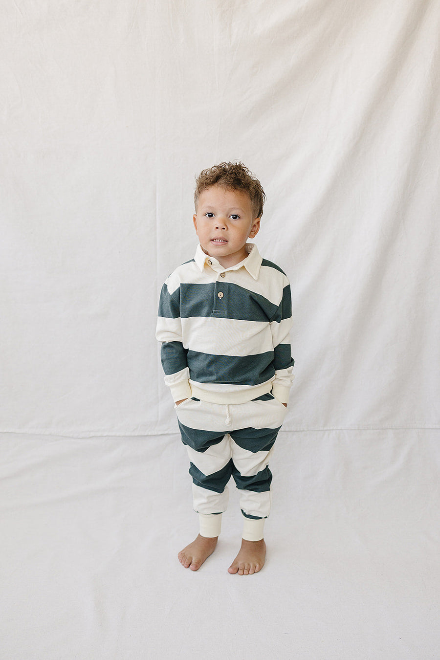 Green Stripe Collared French Terry Set Mebie Baby