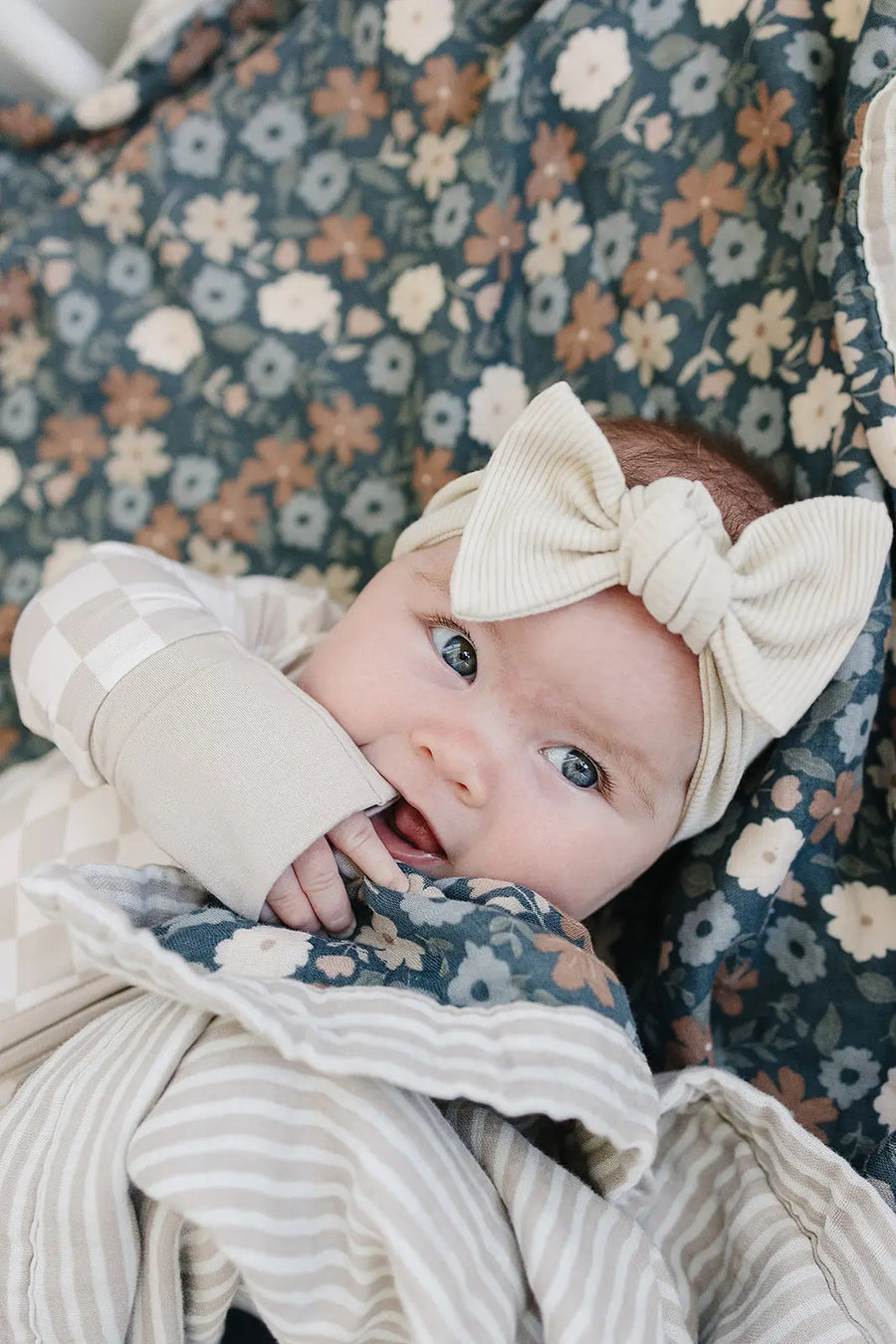 Taupe Stripe + Midnight Floral Muslin Quilt Mebie Baby