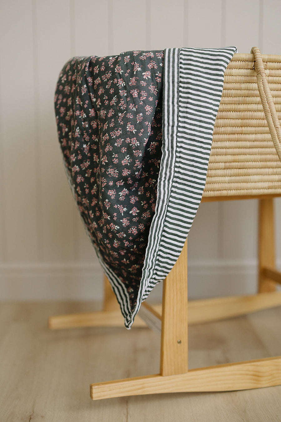 Olive Bloom + Green Stripes Muslin Quilt Mebie Baby