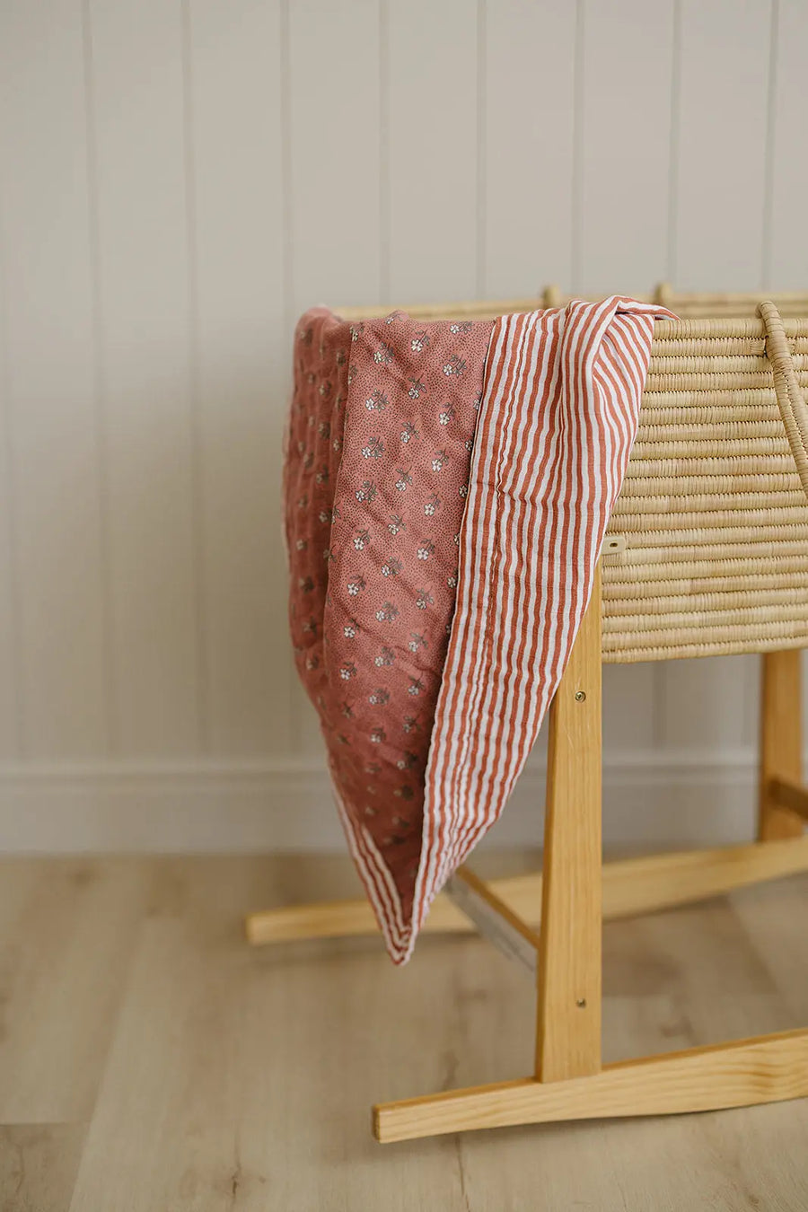 Vintage Pink Floral + Pink Stripes Muslin Quilt Mebie Baby