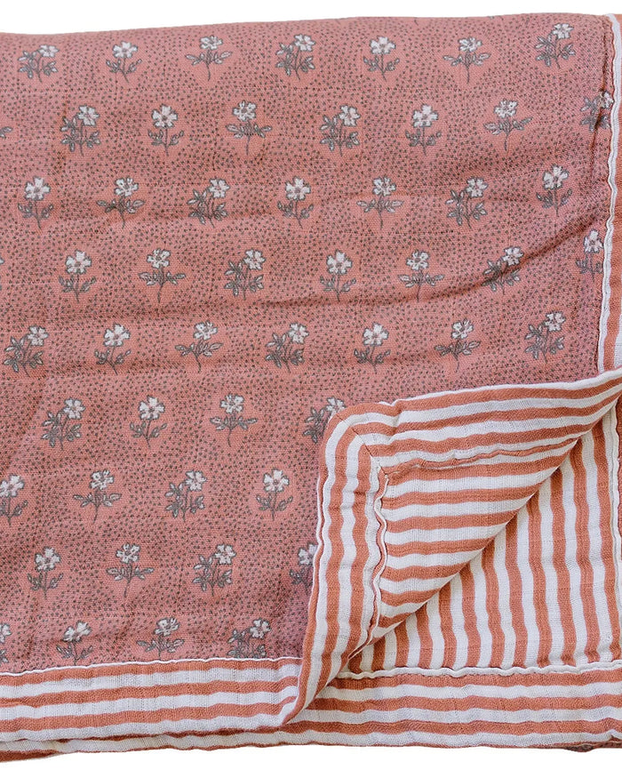 Vintage Pink Floral + Pink Stripes Muslin Quilt Mebie Baby
