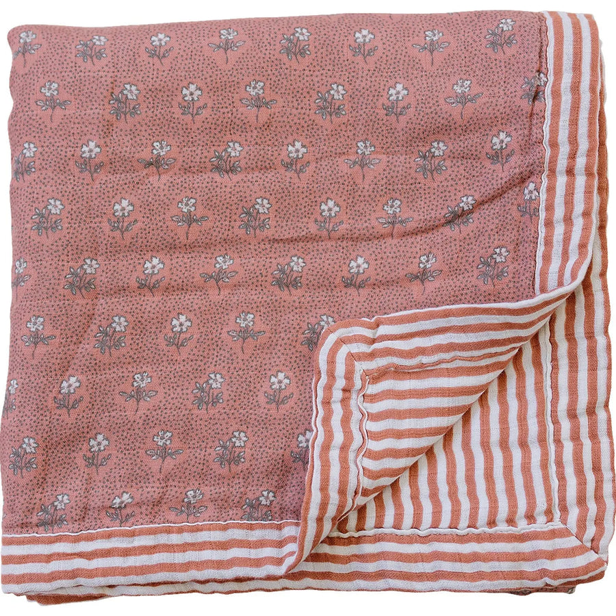 Vintage Pink Floral + Pink Stripes Muslin Quilt Mebie Baby