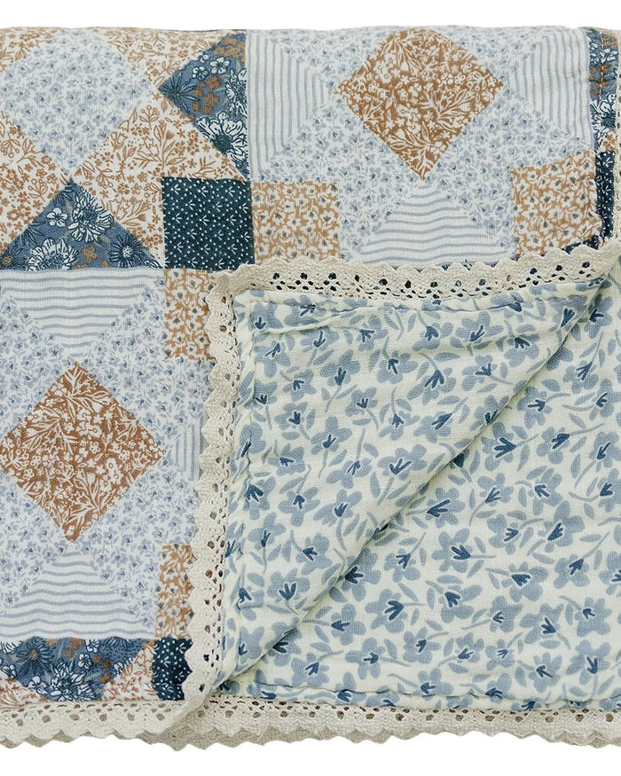 Patchwork Print + Blue Blossom Lace Muslin Quilt Mebie Baby