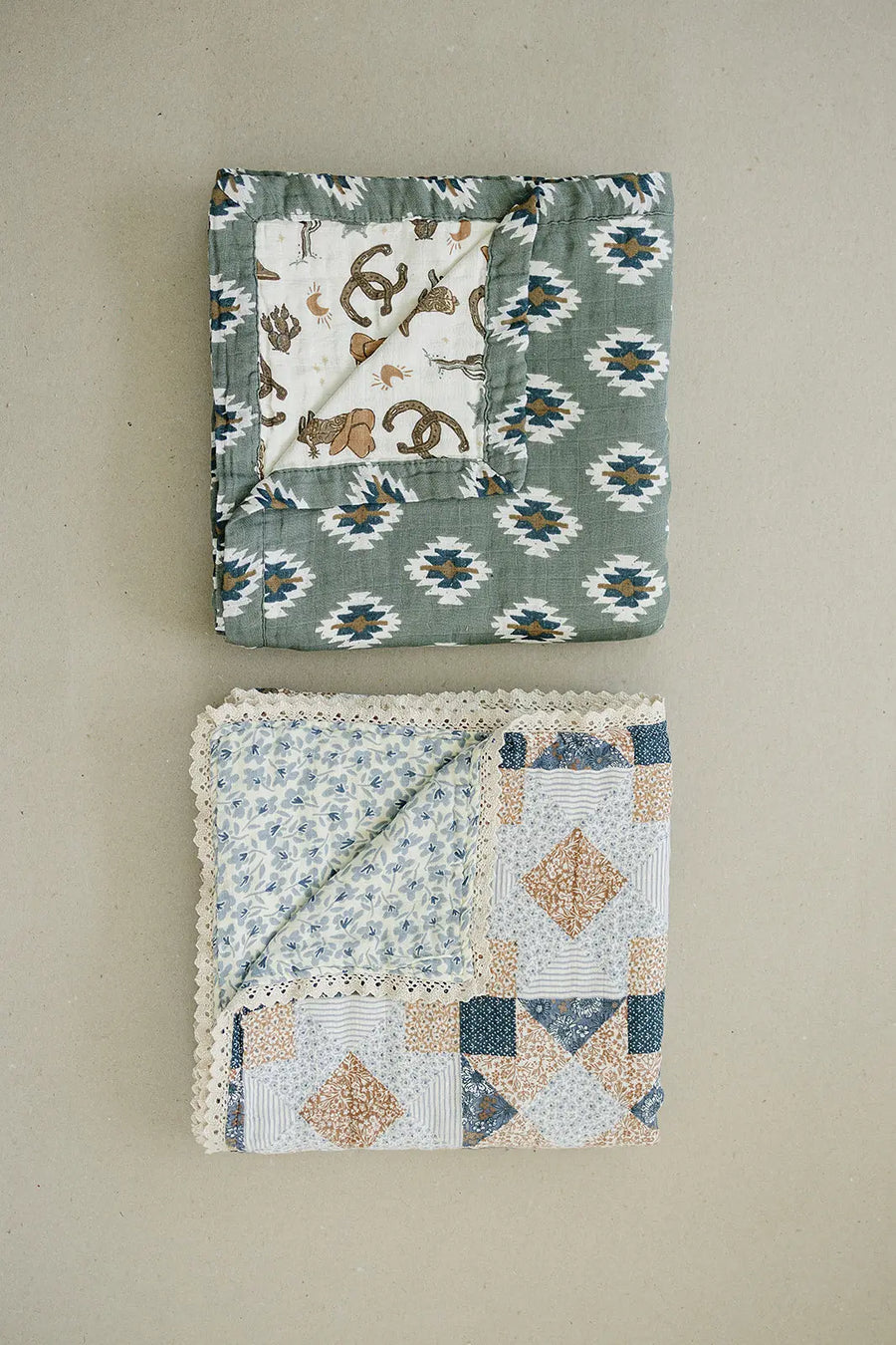 Patchwork Print + Blue Blossom Lace Muslin Quilt Mebie Baby