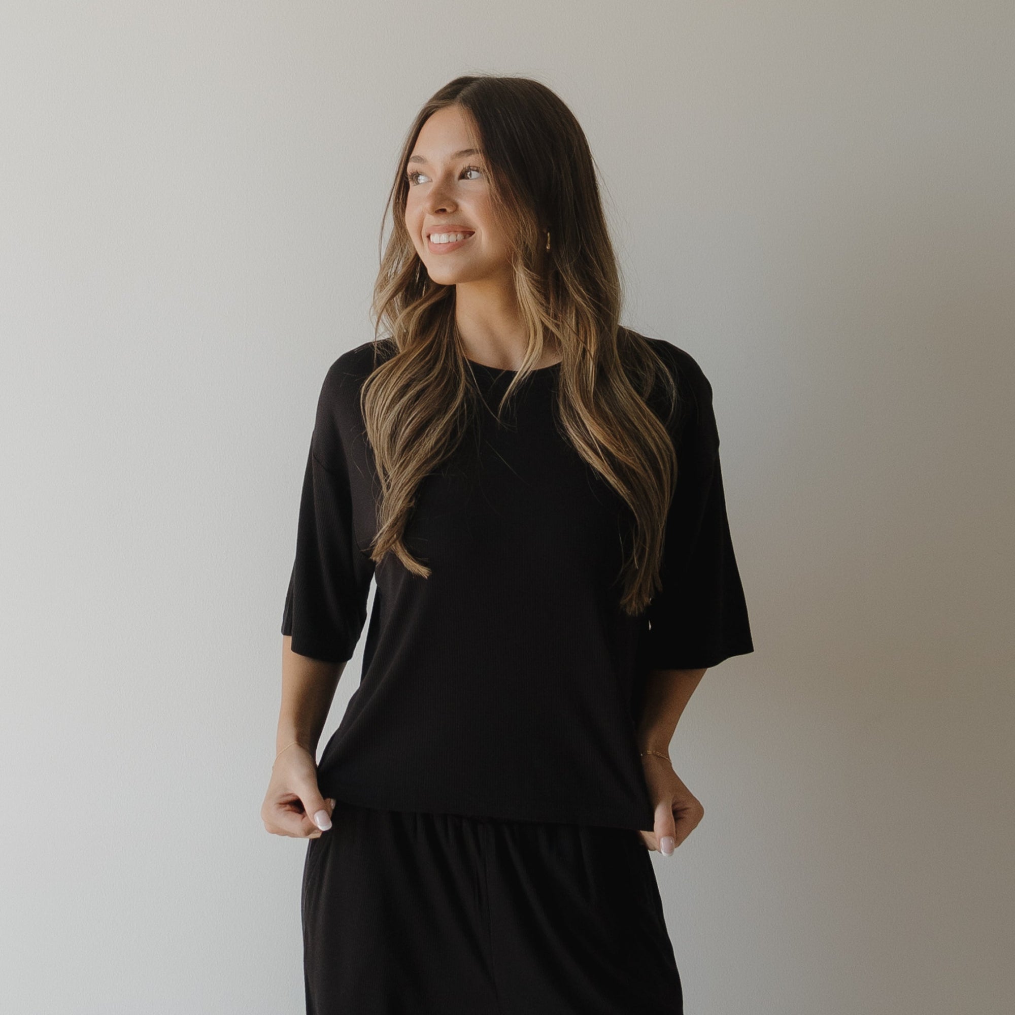 Women's Boxy Tee Lounge Set | Ribbed Black