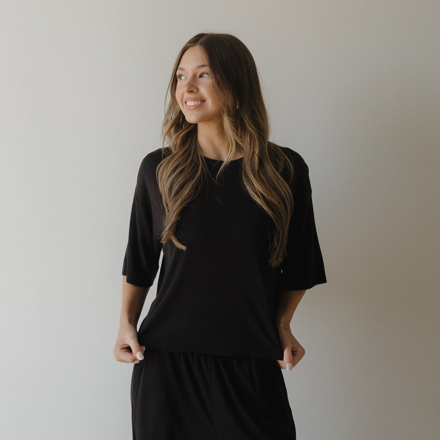 Women's Boxy Tee Lounge Set | Ribbed Black forever french baby