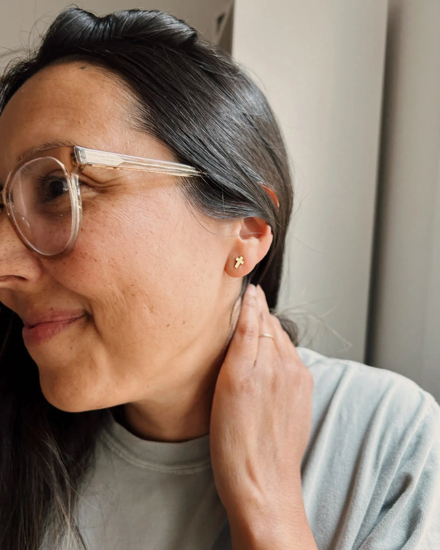 Dainty Cross Stud Earrings // Gold Blessed Is She