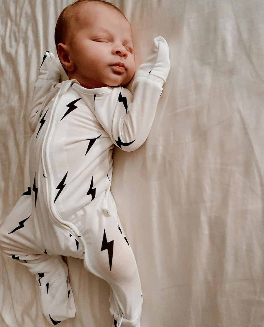 Bamboo Zip Pajamas | White & Black Lightning Bolt forever french baby
