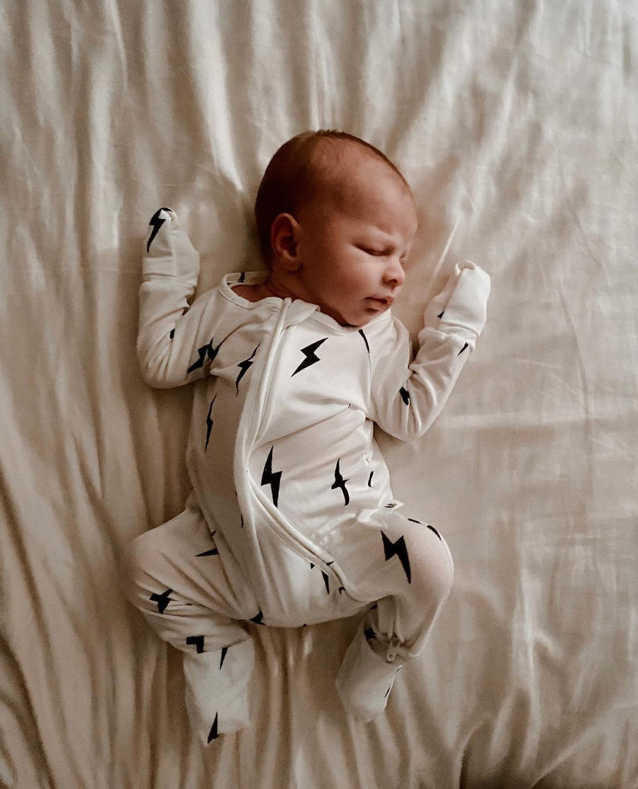 Bamboo Zip Pajamas | White & Black Lightning Bolt forever french baby