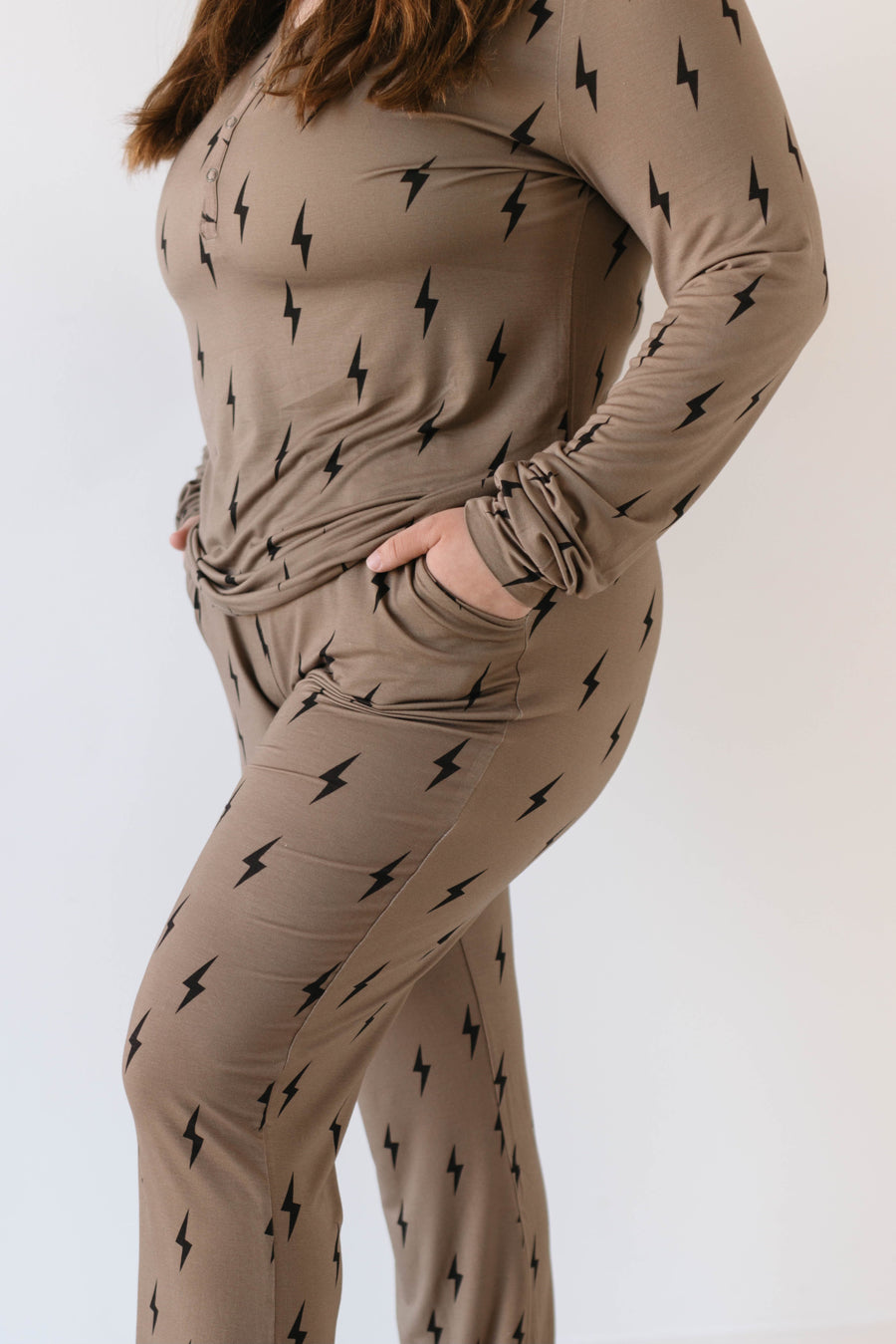 Women's Long Sleeve Bamboo Pajama | Brown & Black Lightning Bolt forever french baby