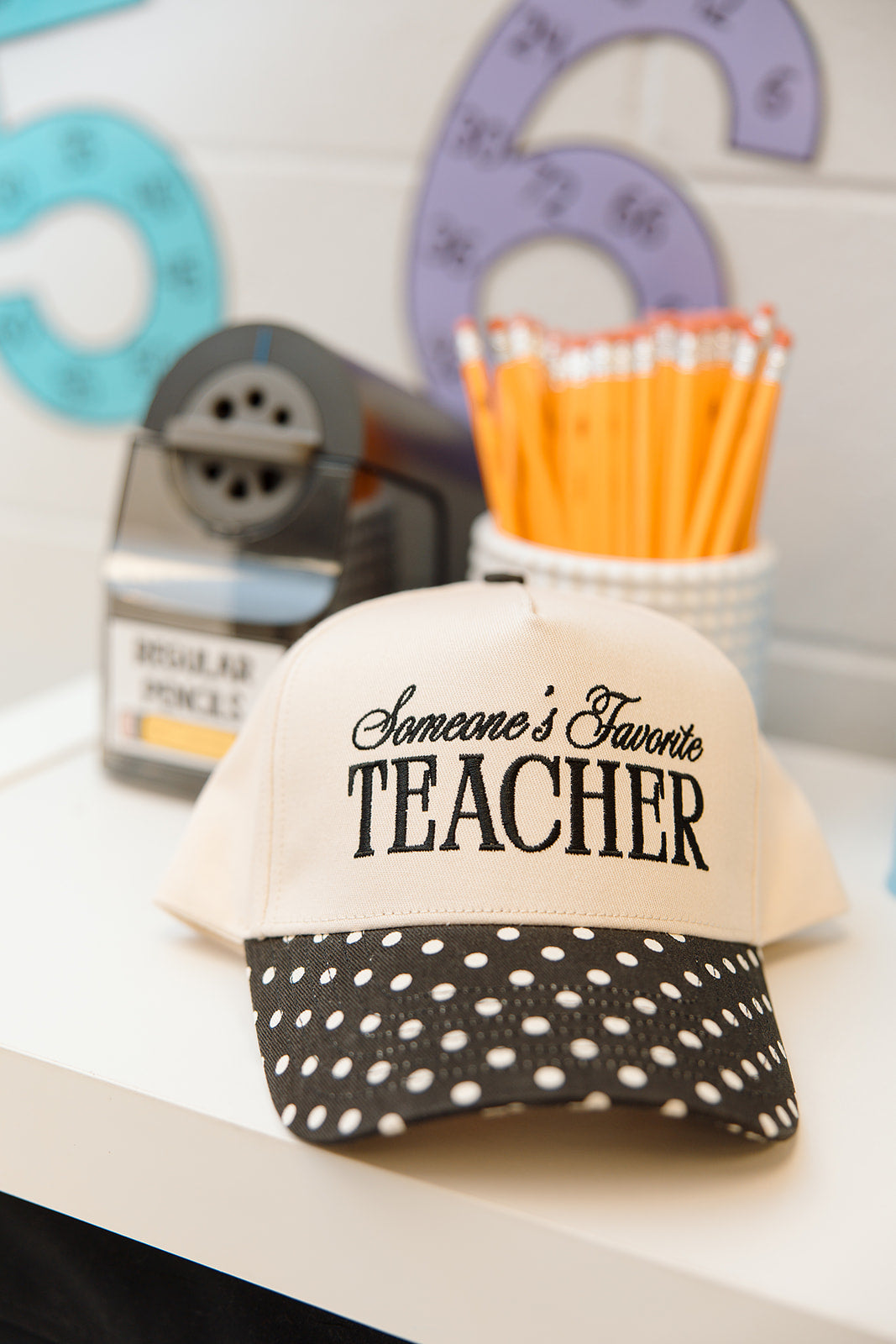 Someone's Favorite Teacher - Black Polka Dot Trucker Hat KenzKustomz
