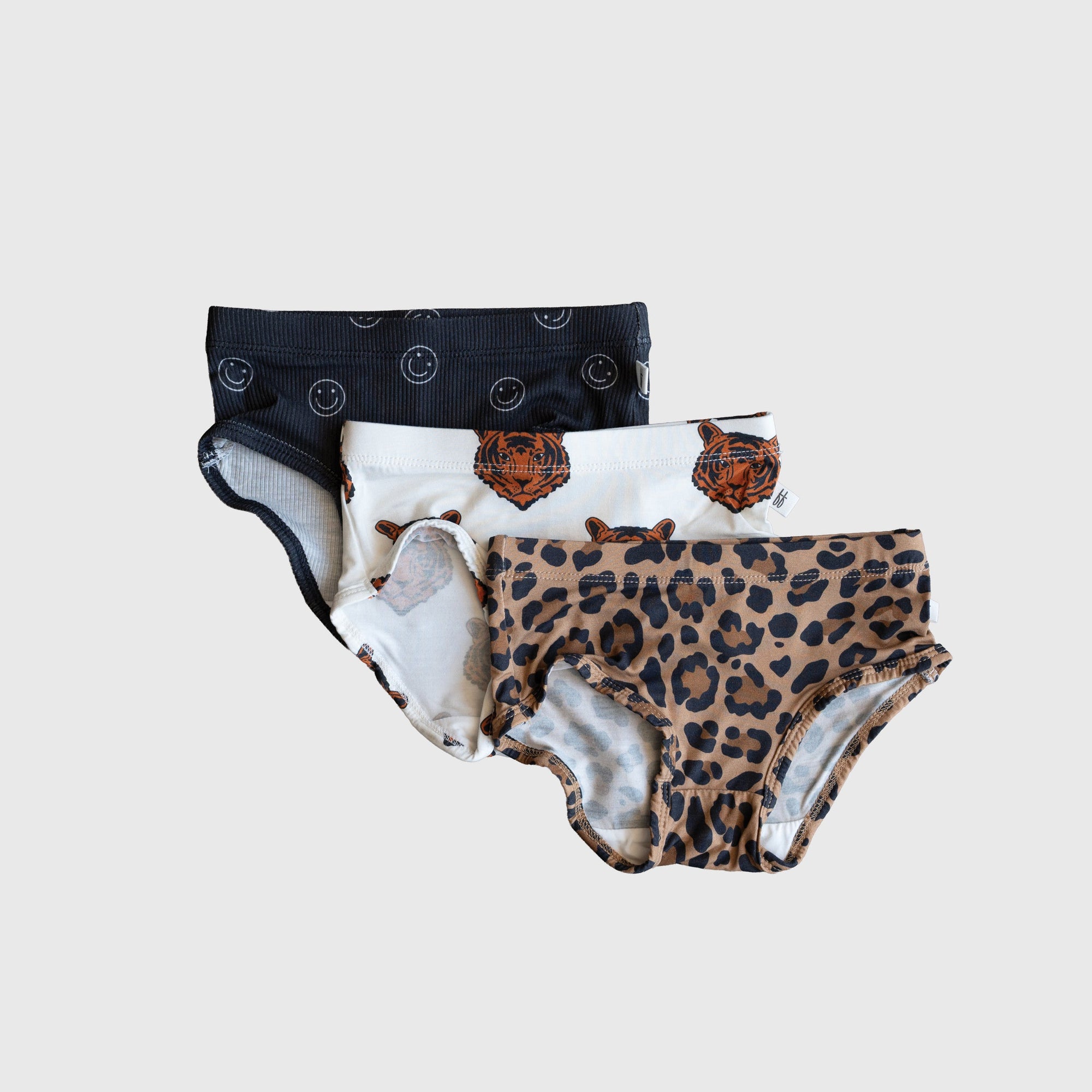 Girl's Bamboo Briefs (3 Pack) | Leopard, Tigers &amp; Smiley Ribbed