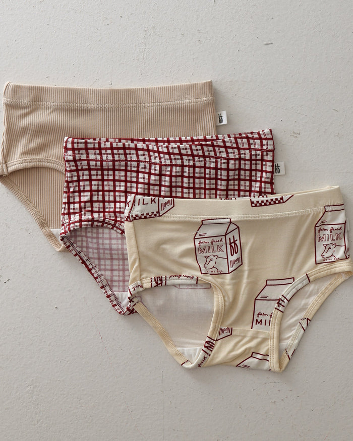 Girl's Bamboo Briefs (3 Pack) | Window Pane, Milk & Ribbed Cream forever french baby