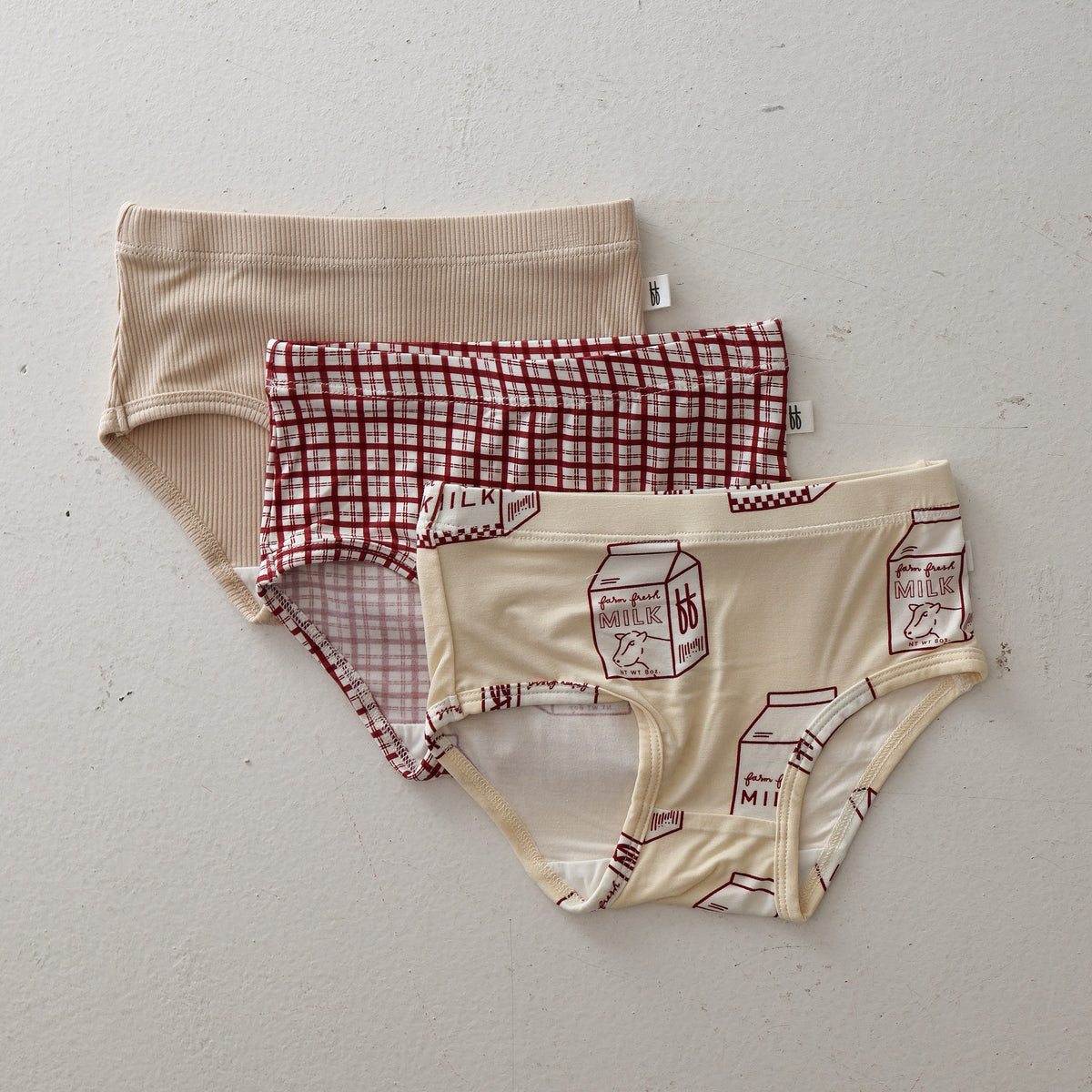 Girl's Bamboo Briefs (3 Pack) | Window Pane, Milk &amp; Ribbed Cream forever french baby