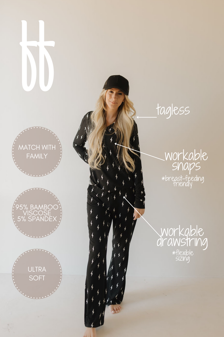 Women's Long Sleeve Bamboo Pajama | Midnight Lightning Bolt forever french baby