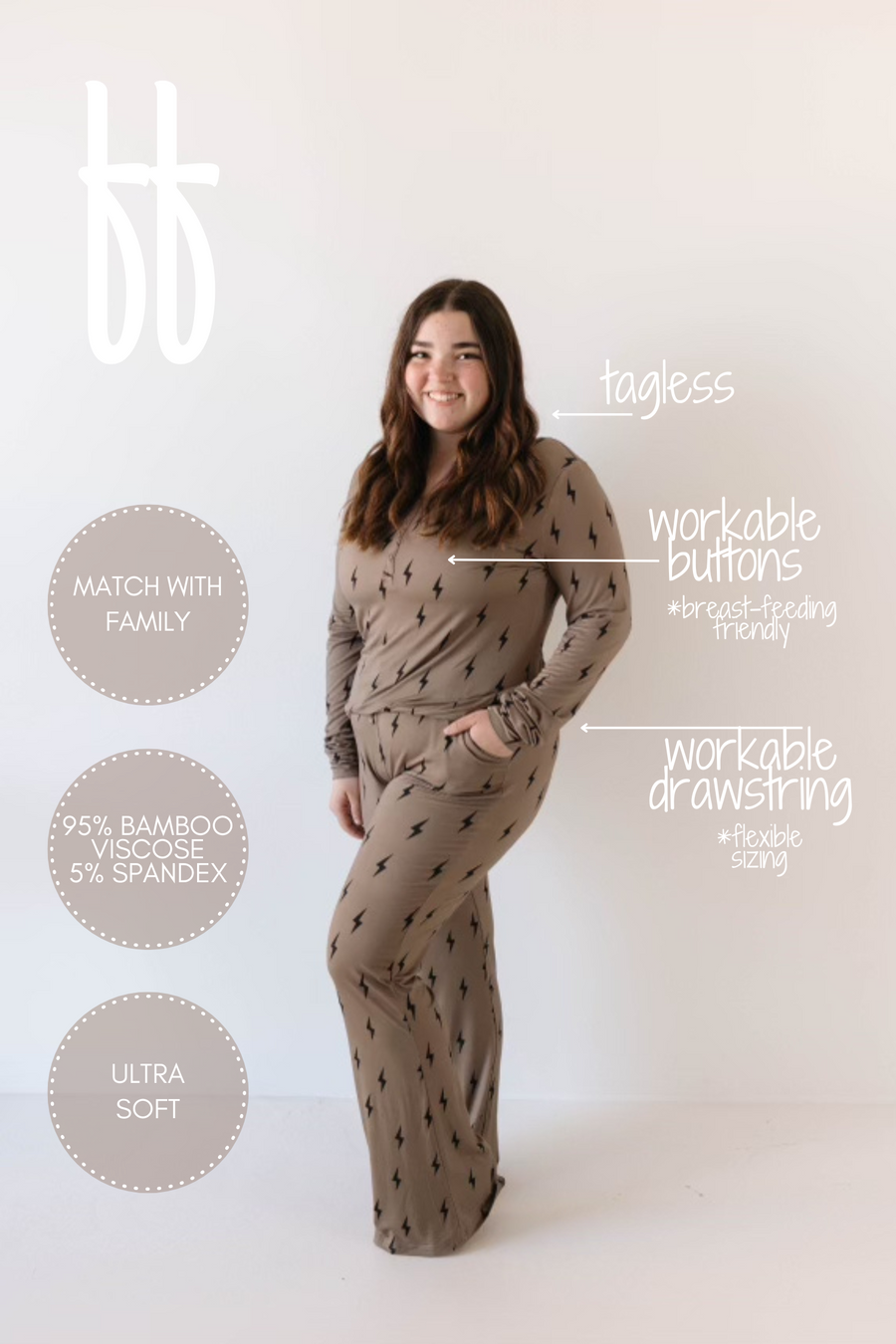 Women's Long Sleeve Bamboo Pajama | Brown & Black Lightning Bolt forever french baby