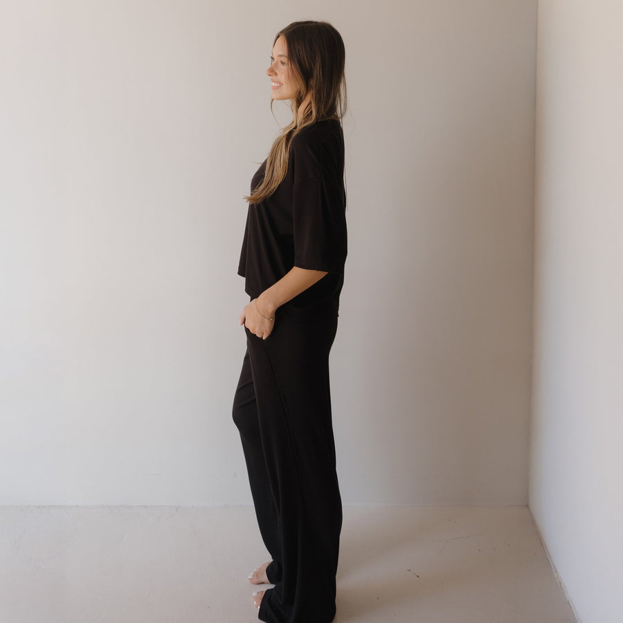 Women's Boxy Tee Lounge Set | Ribbed Black forever french baby