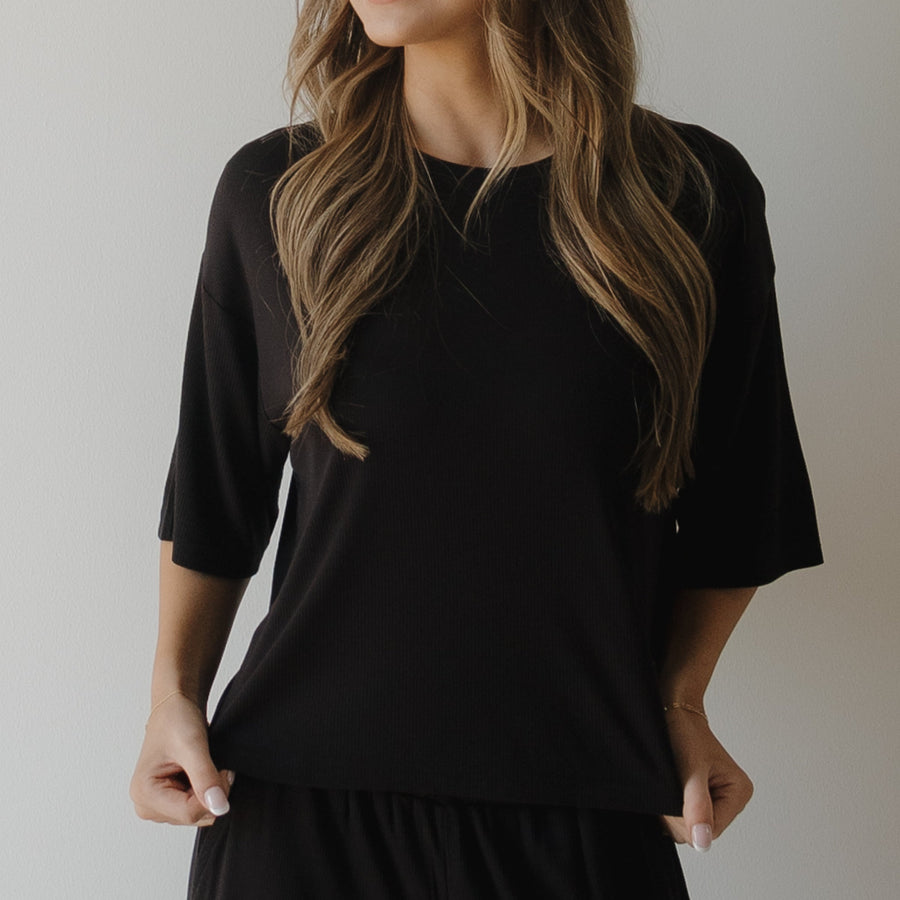Women's Boxy Tee Lounge Set | Ribbed Black forever french baby