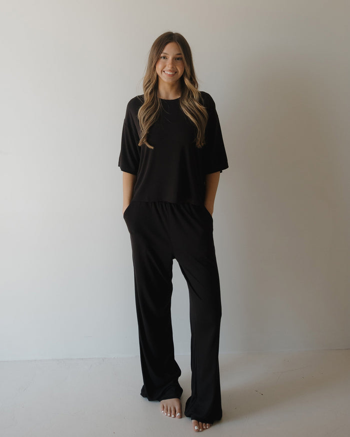 Women's Boxy Tee Lounge Set | Ribbed Black forever french baby